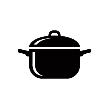 Isolated black vector icon of a cooking pot with lid and side handles, depicted on a clean white background. Great for culinary design projects.