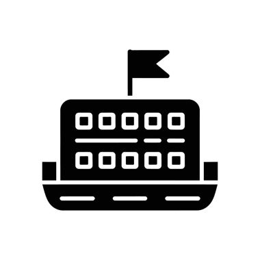 Isolated black vector icon of a cruise ship with a flag, featuring a simple, minimalist design on a clean white background, perfect for travel and vacation projects.