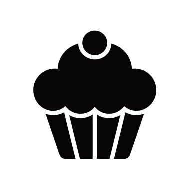 A simple, flat, and minimalist black cupcake vector icon with cherry on top, perfect for websites, applications, or print. Isolated on clean white backdrop.