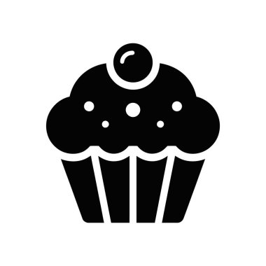Detailed black vector icon of a cupcake with frosting and a cherry on top, presented on a clean white background. Suitable for web and graphic design projects.