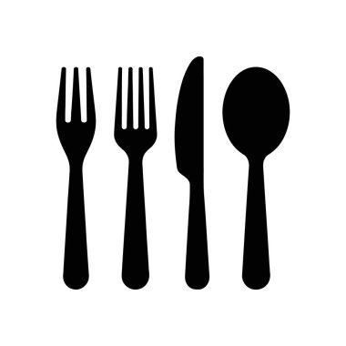 Flat vector icon showing two forks, a knife, and a spoon in black silhouette isolated against a clean white background. Simple, elegant tableware illustration.