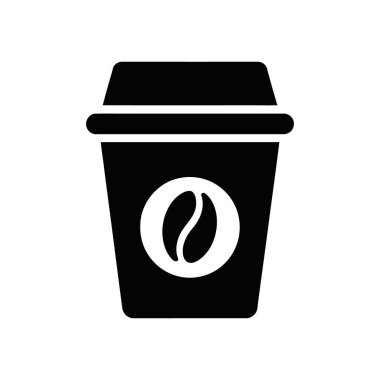 Vector icon of a black, disposable coffee cup. The cup lid is on, and a stylized coffee bean icon is centered on the cup. Isolated on white backdrop.