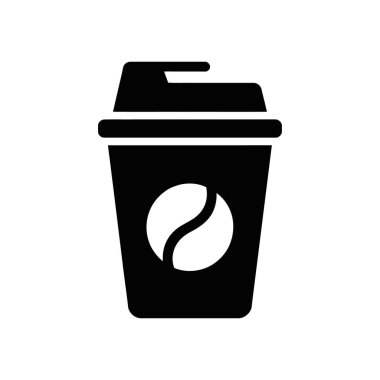 Isolated black vector glyph icon displays a disposable coffee cup with lid, featuring a coffee bean symbol. Minimalist design for use in various digital projects.