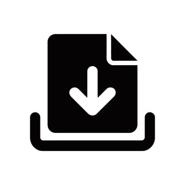 Vector icon showing a black file with a downward-pointing arrow, ready to download, placed in a loading tray, against a clean white background for easy use.