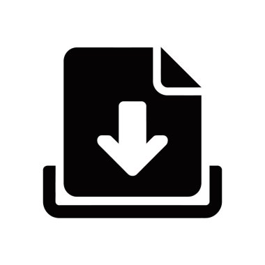 Isolated vector icon illustrates a black document file with a downward-pointing arrow, indicating download functionality, set against a clean white background for versatile use.