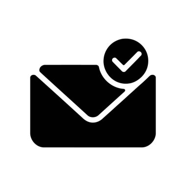 Illustration showcasing a black vector envelope icon, indicating received or processed email. Features a check mark circle, set against a clean white backdrop. Minimalist, modern graphic.