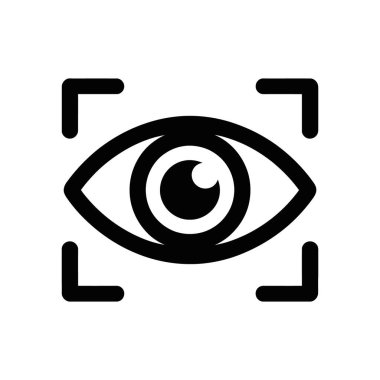 Eye icon with black lines and a focus square frame, displayed on a white backdrop. Signifies medical, security surveillance, or scanning technology uses.