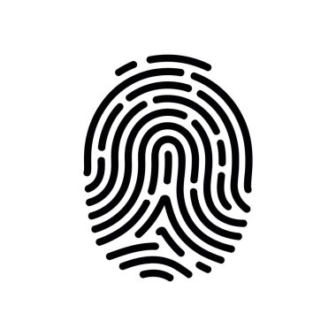 This vector icon features a detailed black fingerprint, isolated on a clean white background. Ideal for use in security, identification, and biometric-related designs.