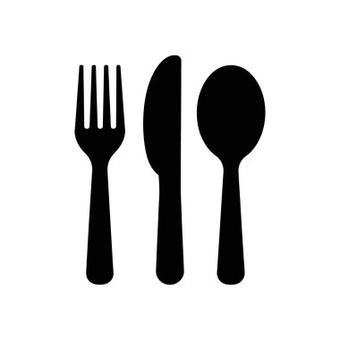 Isolated vector illustration displaying a black fork, knife, and spoon on a clean white background, perfect for menus, food-related websites, and culinary designs.