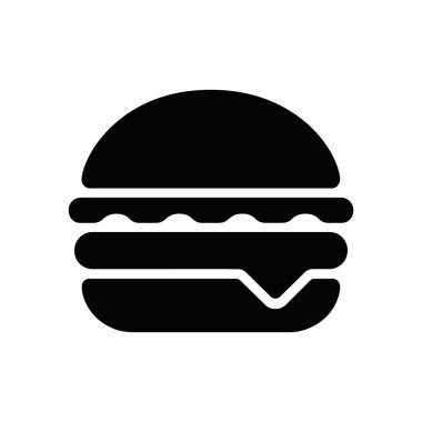 Vector icon illustration featuring a solid black hamburger, cheeseburger or veggie burger isolated on a clean white background, simple yet visually descriptive graphic.