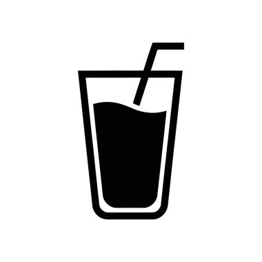 Minimalist black vector icon showing a glass with a liquid and a straw, isolated on a white background, perfect for various design applications.