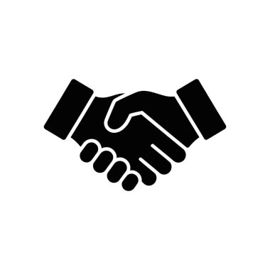 This vector icon shows a black handshake on a white background, representing business agreements, partnerships, deals, and cooperation. It is perfect for various design needs.