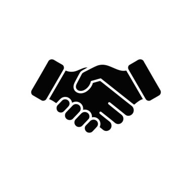 Illustrates a solid black handshake vector icon. Signifies agreement, professional collaboration, business partnerships, and mutual understanding, all set against a clean white background.
