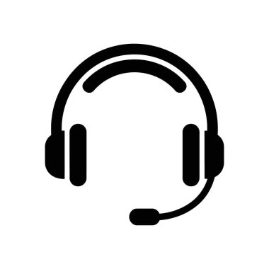 Simple vector icon illustration of a black headset with microphone, isolated on a white background, perfect for representing customer support, call centers, or online communication.