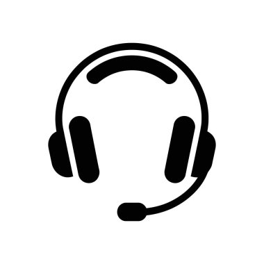Black vector icon depicting a headset commonly used for customer service or call centers, set against a clean white background. Perfect for business communications.