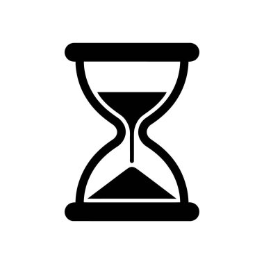 Detailed black vector illustration of a classic hourglass, isolated against a clean white backdrop. Suitable for time, deadline, or productivity related projects.