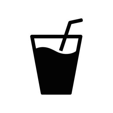 This vector icon depicts a black glass filled with liquid, featuring a straw placed inside, all set against a clean, white background for easy integration.