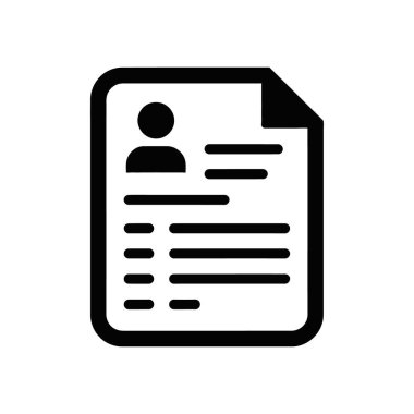 Black vector icon on a white background showcases a document resembling a resume, featuring a profile icon and lines of text; ideal for representing business themes.