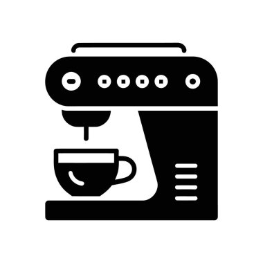 Vector icon showcases a black coffee machine in action, pouring brewed beverage into a cup. Minimalist design, ideal for representing coffee or breakfast themes.