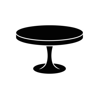 Isolated black vector icon showing a simple, minimalist round table on a white background, featuring a single, tulip-style pedestal base.