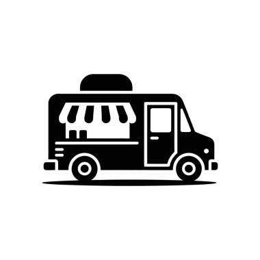 Isolated vector icon depicts a black food truck with an awning. Clean, concise illustration perfect for menus, advertisements, and culinary-themed designs on a white backdrop.