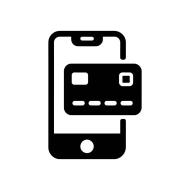 Black silhouette icon showing a phone with credit card. Clean vector design for mobile payments, online banking apps, secure shopping. Transparent white background.