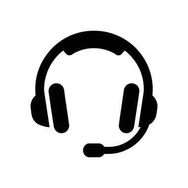 Simple black vector icon depicting a headset with a microphone, isolated on a clean white background. Ideal for representing support, customer service, and communication.