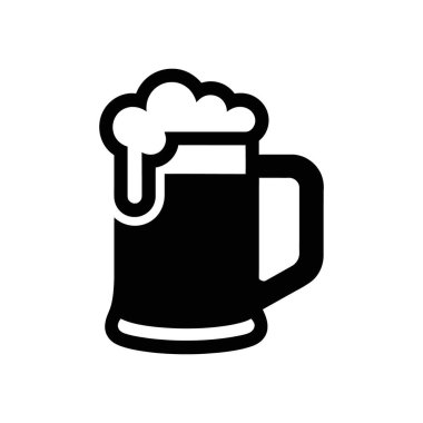 This clear vector icon presents a black beer mug filled with beer and topped with a frothy, white foam head, all set against a white background.