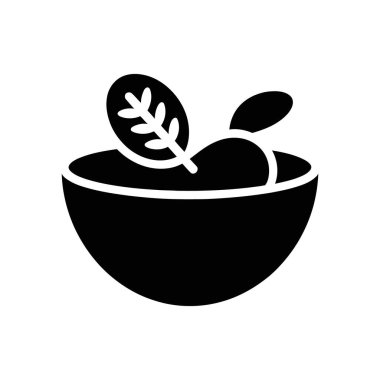 Simple, black vector icon showcasing a bowl filled with fresh salad leaves, against a clean white background. Great for nutrition or healthy food related projects.