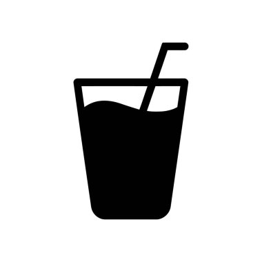Vector icon of a black cup filled with liquid with a straw sticking out. The graphic is isolated on a white background for versatility of use.