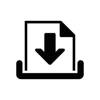 Black, stylized download icon featuring a page with a bent corner and downward arrow, positioned above a tray on a clean, white backdrop for clarity and simplicity.