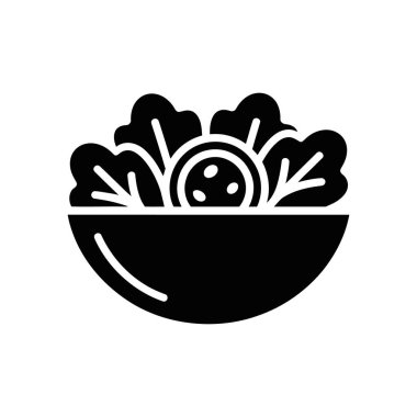 Isolated vector icon features a dark bowl filled with lettuce or greens and a single sliced tomato, ideal for representing healthy food and diet concepts.