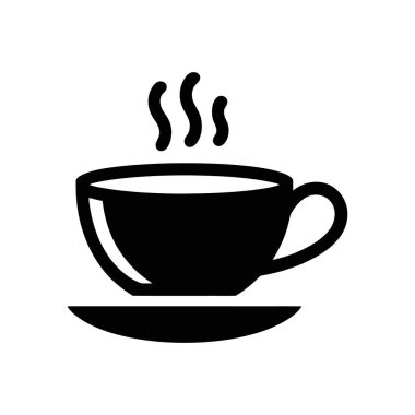 A clean, minimalist black vector icon depicting a hot cup of coffee or tea resting on a saucer, with rising steam, set against a crisp white background.