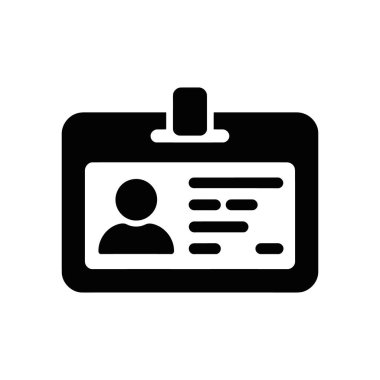 Black vector graphic of a staff or student identification badge. The badge has a clip, a photo, and text areas for name, address, and contact information.