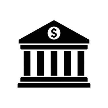Isolated on white, this sleek black vector icon features a classic bank building facade with pillars and a dollar sign. Useful for financial and business contexts.