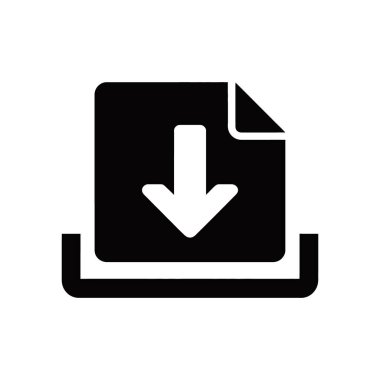 Simple black vector icon on a white background depicting a download symbol, a file with arrow pointing down to a tray, for file transfer processes.