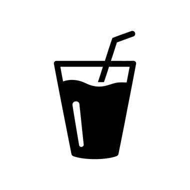 Vector graphic depicting a solid black icon featuring a drink in a glass, complete with a straw, set against a clean, white background. Simple and modern design.