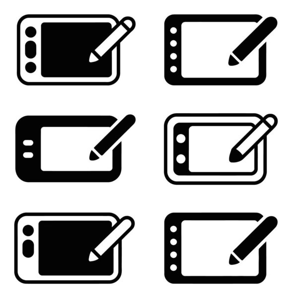 Set of six graphic tablet and pen vector icons, depicting digital art tools. Black icons on a white background. Useful for illustrating design and creative technology.
