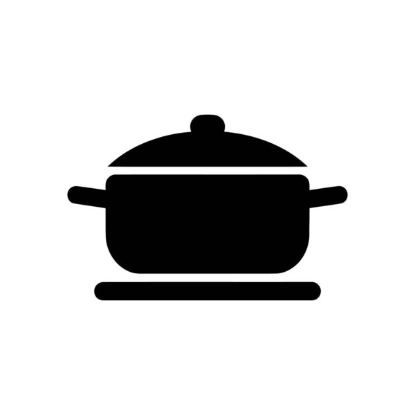 Vector silhouette icon illustration of a black cooking pot with handles and lid on a white background, ideal for kitchen and cooking related projects, menus, designs.