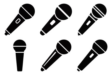 Vector illustration featuring six distinct black and white microphone icons, each with unique head and body designs on a plain white backdrop, suitable for various design projects.