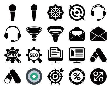 Collection of twenty solid black icons showing a variety of business concepts including marketing, SEO, communication, audio equipment, targeting, and document management.