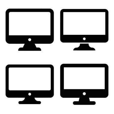 This illustration shows four simple black computer monitor icons, each with a blank white screen, uniformly arranged on a clean white background.