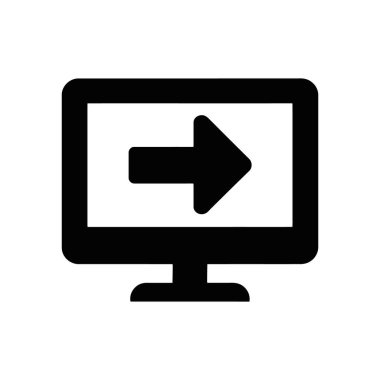 Illustration depicting a black computer monitor displaying a right-pointing arrow, designed as a vector icon with clean lines and a simple design on a white background.
