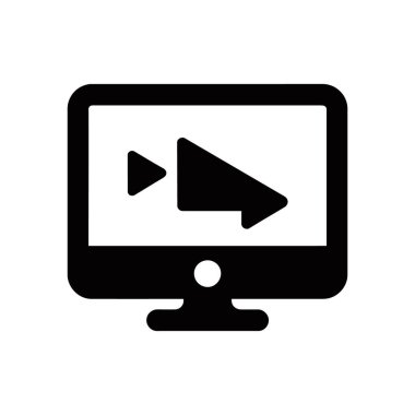 Minimalistic monitor icon showing a fast forward symbol. The icon is a simple black shape, displayed on a white background, ideal for media applications.