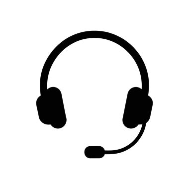 Black headset icon with a microphone attached, simple vector illustration perfect for call center, customer service and support themes on a white background.
