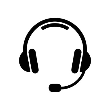 Isolated vector graphic shows a black headset with a microphone, perfect for illustrating customer service, support, or online communication concepts on a white background.