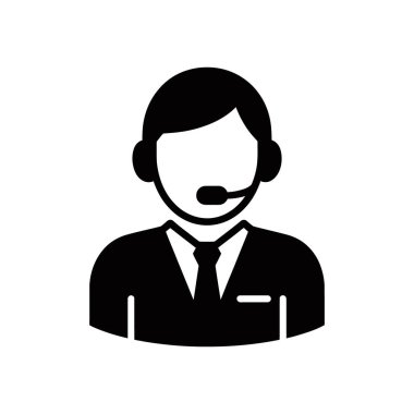 Black and white vector icon of a call center operator wearing a headset. The figure is dressed in a suit and tie, suggesting a professional service representative.