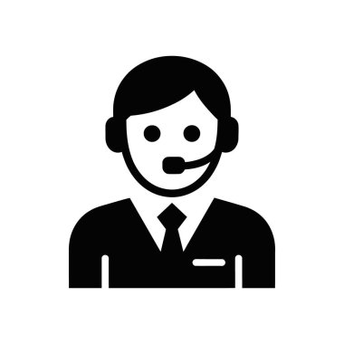 Isolated vector graphic on white background depicts the upper body of a male customer support agent wearing a headset, shirt, and tie. For customer service or assistance themes.