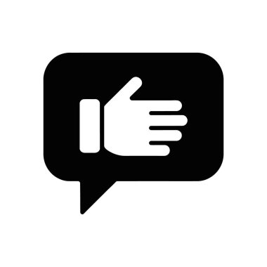 Vector icon features a white thumbs up in a black speech bubble, symbolizing approval or agreement within communication, isolated on white background.