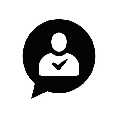Black user profile icon featuring a check mark within a speech bubble. It suggests verification, approval, or confirmation, suitable for user settings. White background.